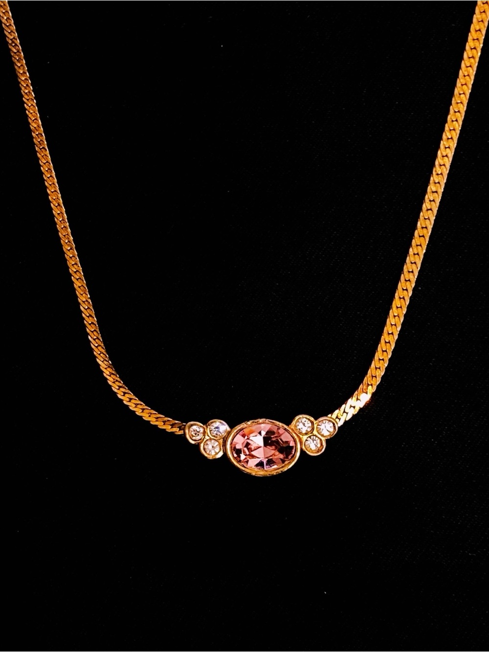 AVON Vtg Gold-Tone Herringbone Necklace |Pink Center Stone + Accent Crystals